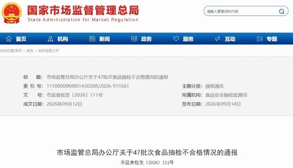 市场监管总局通报47批次食品抽检不合格